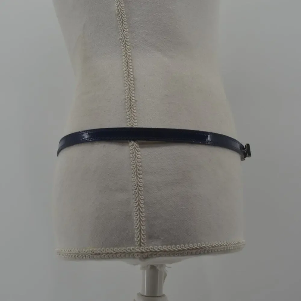 Navy Blue Skinny Dress Belt Faux Leather Minimalist Large
